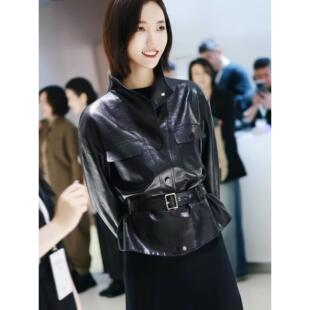 王珞丹同款真皮皮衣女2026春秋新款收腰显瘦油蜡绵羊皮夹克短外套