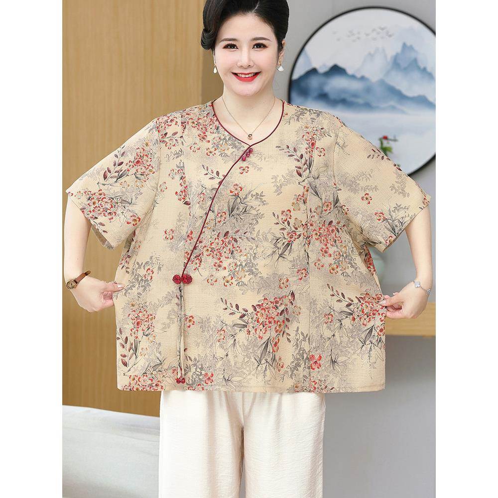 中老年夏季新中式国风雪纺短袖t恤女200斤妈妈遮肚体恤半袖上衣服