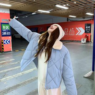 韩版奶fufu菱格棉服女2025冬季新款羊羔毛翻领短款轻薄小棉袄外套