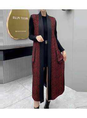 阔太太洋气外披加长版女马甲新款百搭无袖中长款风衣妈妈大码外套