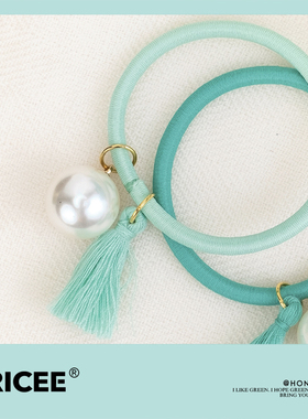 BI买，珍珠陪伴流苏。薄荷绿色的高弹力发绳 手工DU家自制