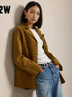 R2W新26早春麂皮绒宽松西装外套秋美式牛仔复古风经典棕黄色上衣