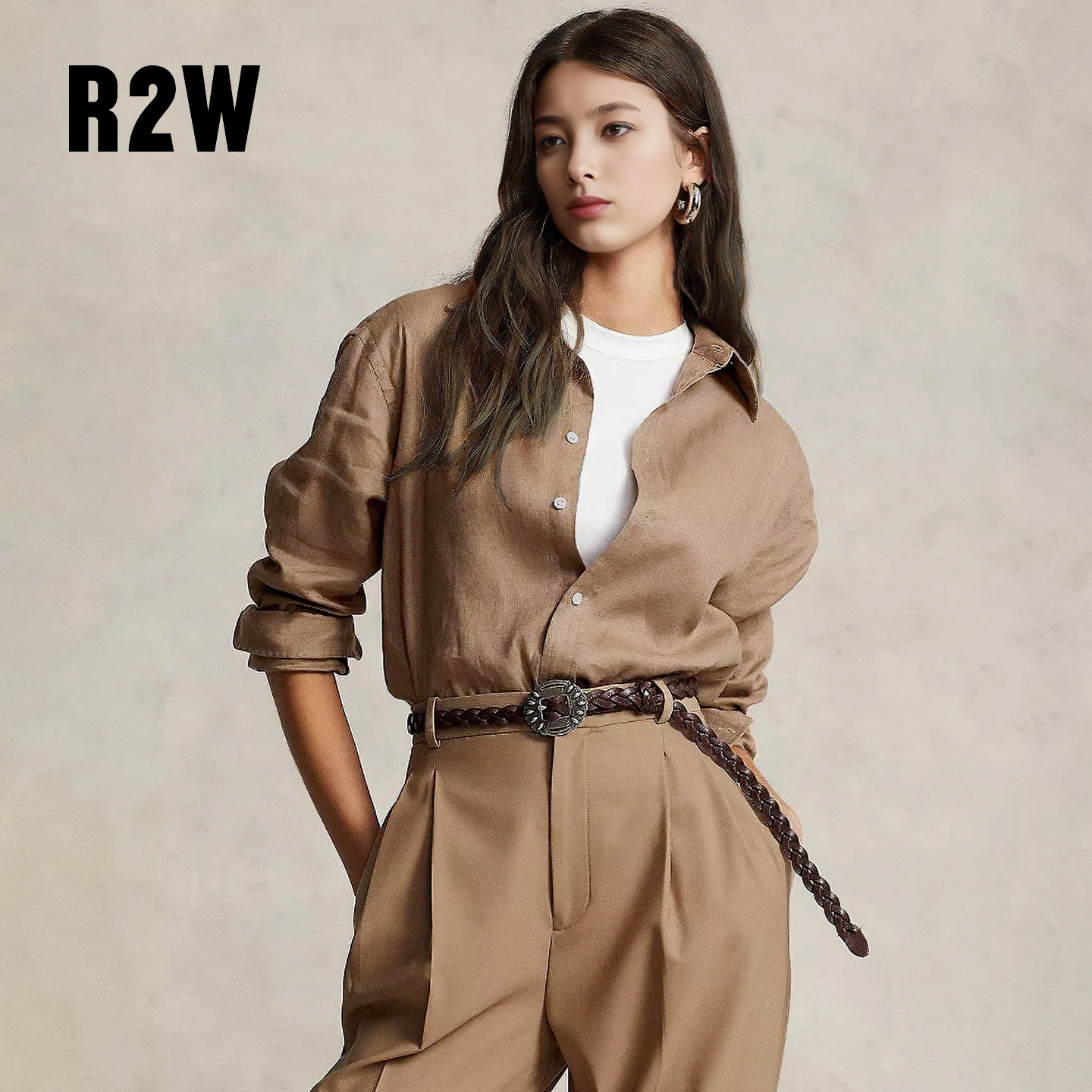 R2W美式摩卡色简约亚麻衬衫美拉德上衣薄棉麻休闲气质通勤衬衣女