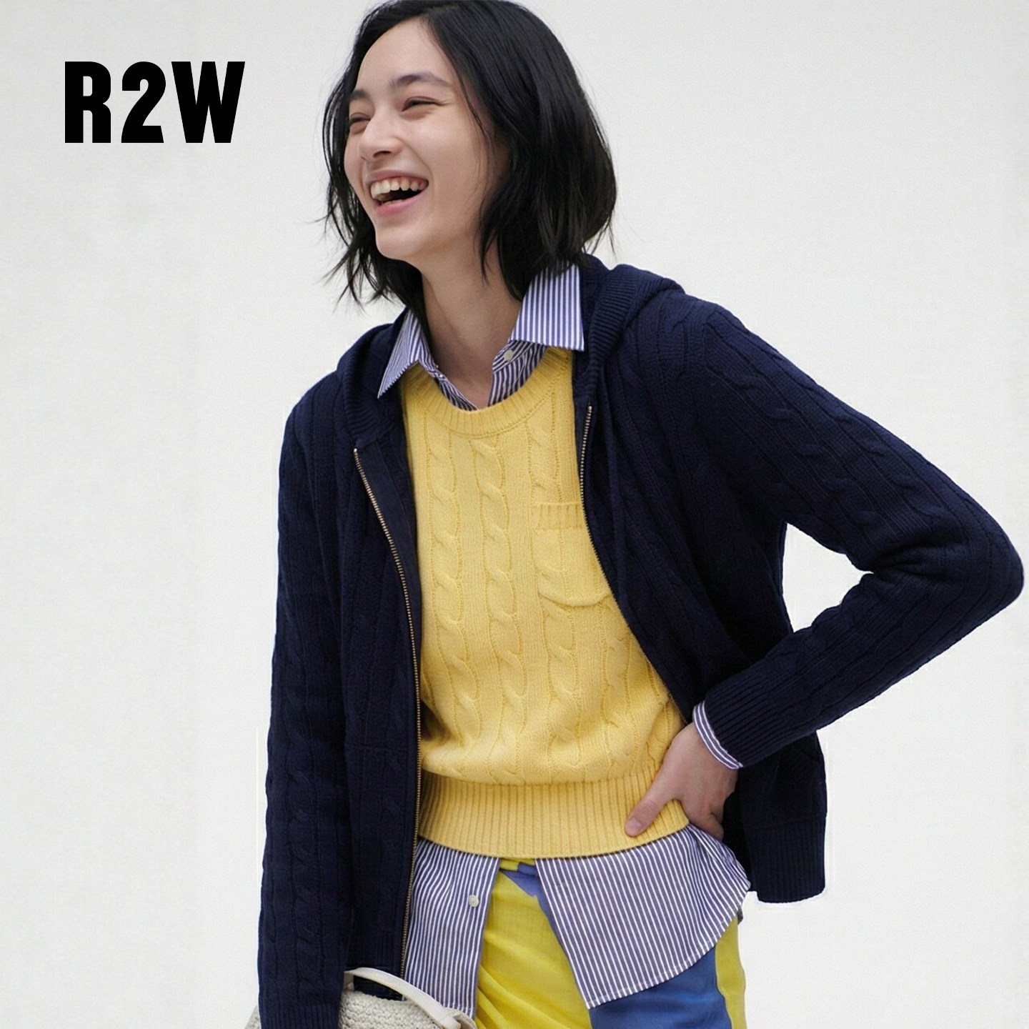 R2W早春经典藏青色麻花连帽棉线针织拉链开衫绿色短款小外套毛衣