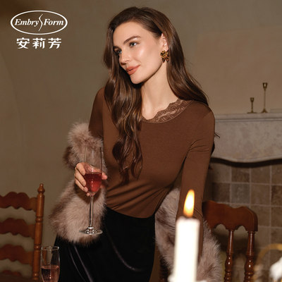 安莉芳打底衫女V领蕾丝时尚薄款百搭舒适秋衣打底上衣ED00475