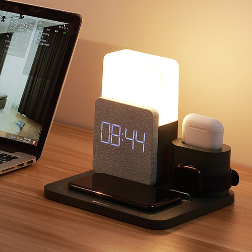 三合一小夜灯闹钟多功能无线充电器适用iPhone16/15/14ProMax苹果手机13手表12耳机iWatch/AirpodsUSB充电座