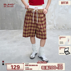 BJHG不计后果轻薄透气格子短裤女夏季2025新款直筒百搭休闲五分裤