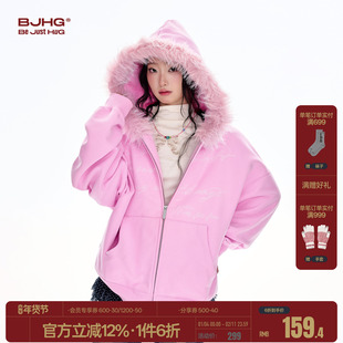 BJHG不计后果美式复古加绒卫衣女款冬季加厚宽松毛毛连帽卫衣外套