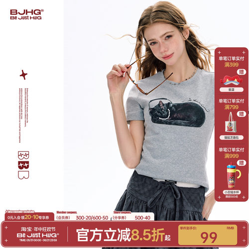 BJHG慵懒小猫短袖T恤女正肩上衣