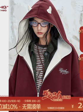 BJHG不计后果小恶魔连帽卫衣外套男款冬季新年红色开衫圣诞卫衣女