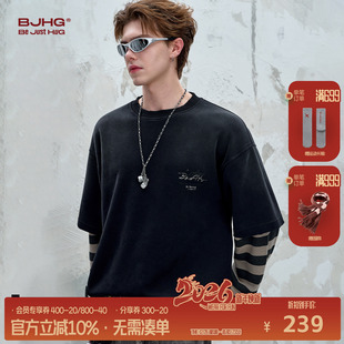 休闲宽松长袖 BJHG不计后果 美式 秋季 t恤上衣女 复古假两件卫衣男款