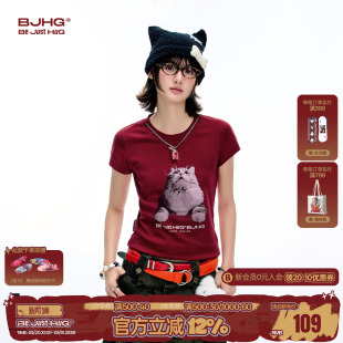 上衣半袖 BJHG不计后果小猫抓鱼T恤短袖 修身 夏季 凉感正肩t恤女 女款