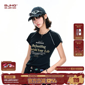 撞色美式 夏季 潮微弹凉感正肩T恤 T恤女款 BJHG不计后果复古运动短袖