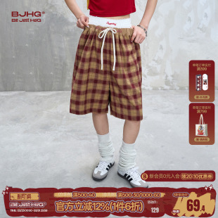 直筒百搭休闲五分裤 BJHG不计后果轻薄透气格子短裤 新款 夏季 女 男款