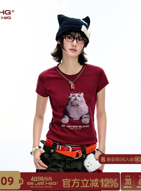 BJHG不计后果 小猫正肩短袖t恤女款夏季衣服修身美式半袖红色上衣