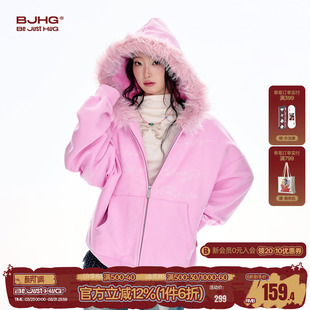BJHG不计后果美式复古加绒卫衣女款冬季加厚宽松毛毛连帽卫衣外套