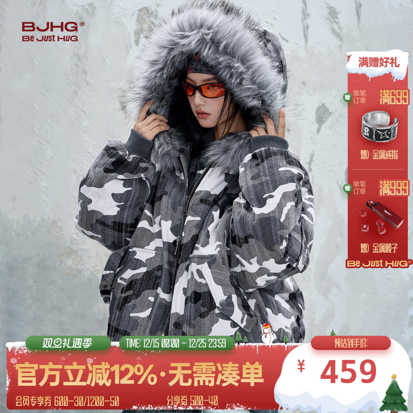 BJHG不计后果做旧迷彩棉服男款冬季潮牌2025新款毛领防寒服外套女