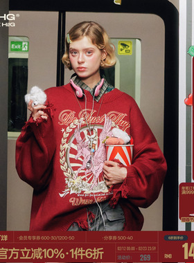 BJHG不计后果马年毛衣男款冬潮美式复古红色针织情侣装新年毛衣女