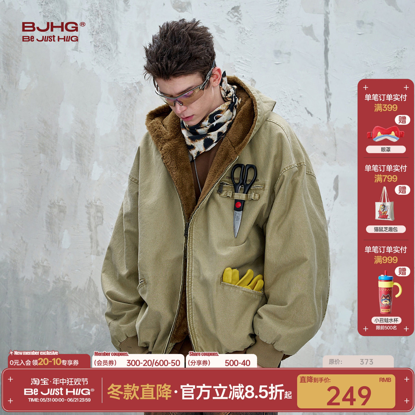 BJHG不计后果巴恩风工装棉服外套男款冬美式复古做旧仿貂毛棉衣女