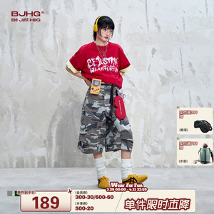 BJHG不计后果美式迷彩短裤女款夏季潮流宽松休闲工装做旧七分裤