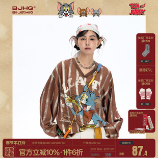 【猫和老鼠联名】BJHG不计后果V领长袖t恤女款春季运动休闲球衣女