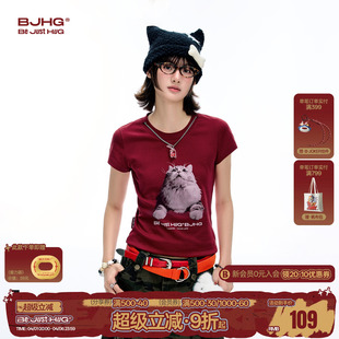 修身 BJHG不计后果小猫抓鱼T恤短袖 女款 夏季 凉感正肩t恤女 上衣半袖