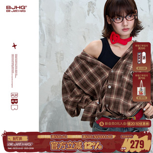 秋冬慵懒风泼墨复古撞色衬衣外套女 男款 BJHG不计后果美式 格子衬衫