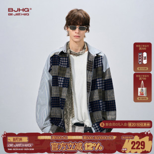 潮牌美式 BJHG不计后果格子衬衫 新款 春季 复古拼接条纹衬衣 外套男款