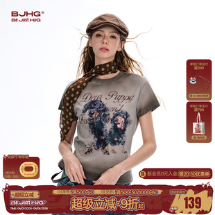 复古斑驳感新款 BJHG不计后果 正肩上衣 潮牌美式 t恤女夏季 修身 短袖