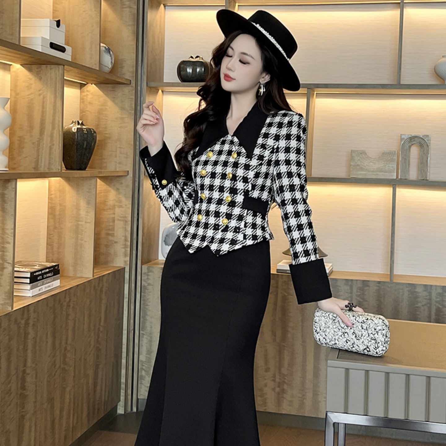 黑白格纹连衣裙千鸟格优雅