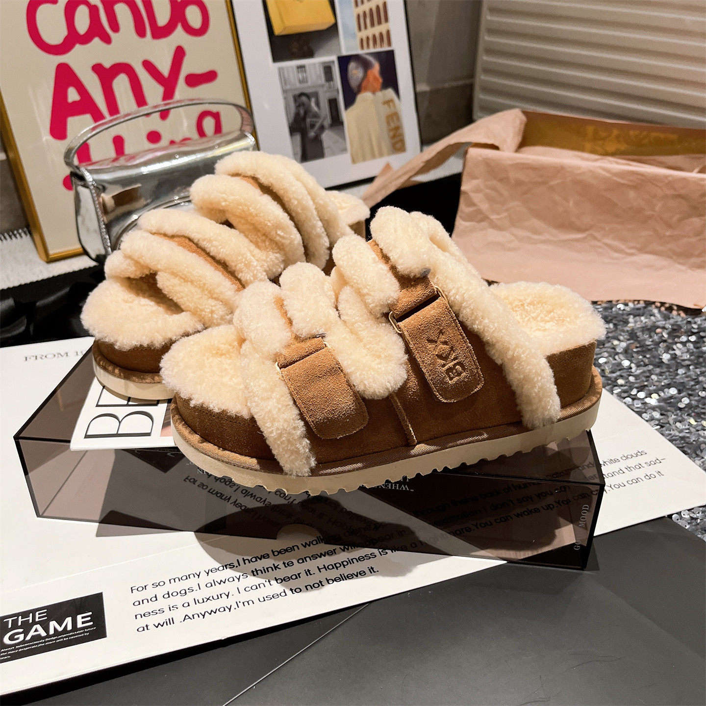 羊羔毛洋气厚底松糕小个子6cm增高毛毛鞋拖鞋外穿百搭勃肯鞋女