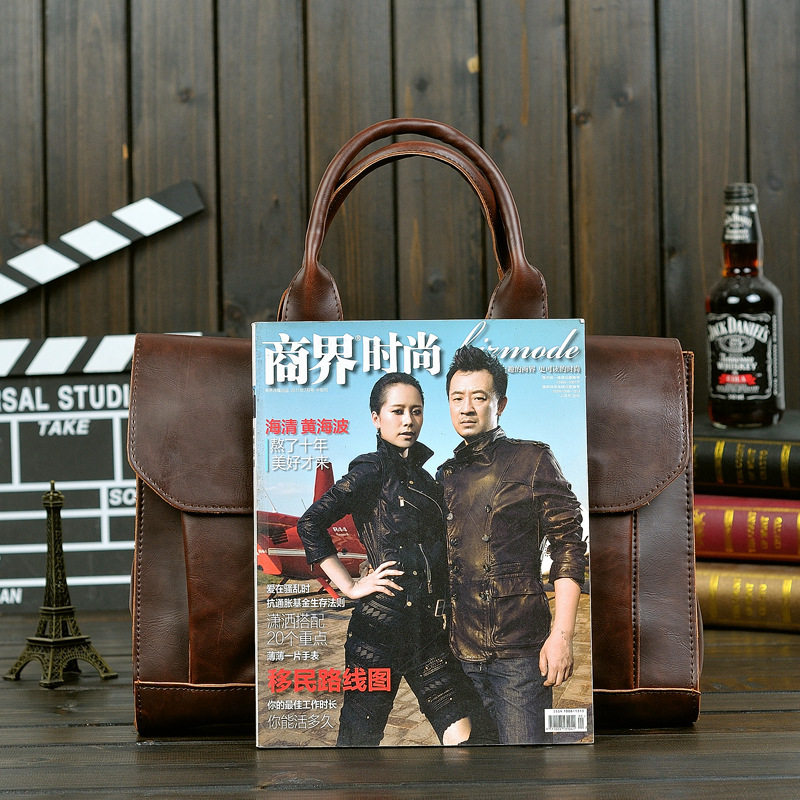 THE NEW HAND-HELD TIDE BAG KOREAN VERSION OF THE MENS BAG CRAZY HORSE LEATHER ONE-SHOULDER CROSS-BODY BUSINESS COMPUTER BRIEFCASE POPULAR STYLE