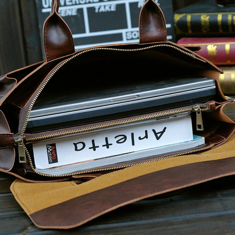 THE NEW HAND-HELD TIDE BAG KOREAN VERSION OF THE MENS BAG CRAZY HORSE LEATHER ONE-SHOULDER CROSS-BODY BUSINESS COMPUTER BRIEFCASE POPULAR STYLE
