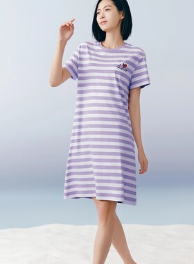 三枪家居服夏冰泉棉条纹短袖睡裙女凉感显瘦睡裙70502A