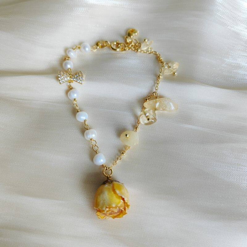 手工永生花珍珠手链真花玫瑰花手链复古甜美清新小众设计手串