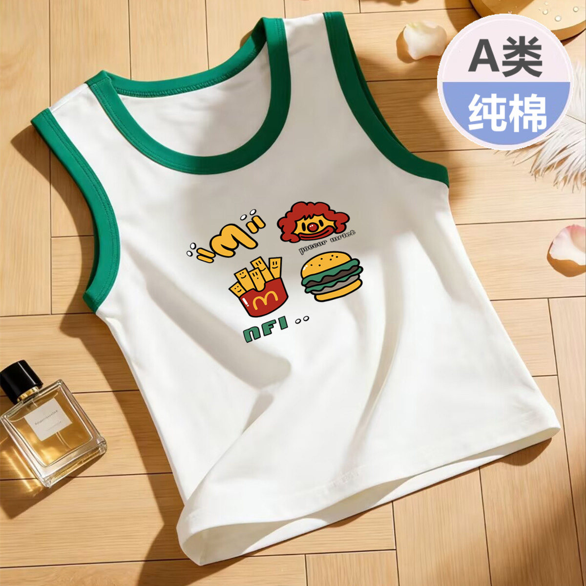 儿童无袖夏季新款休闲韩版卡通图案圆领撞色背心T恤男童洋气上衣