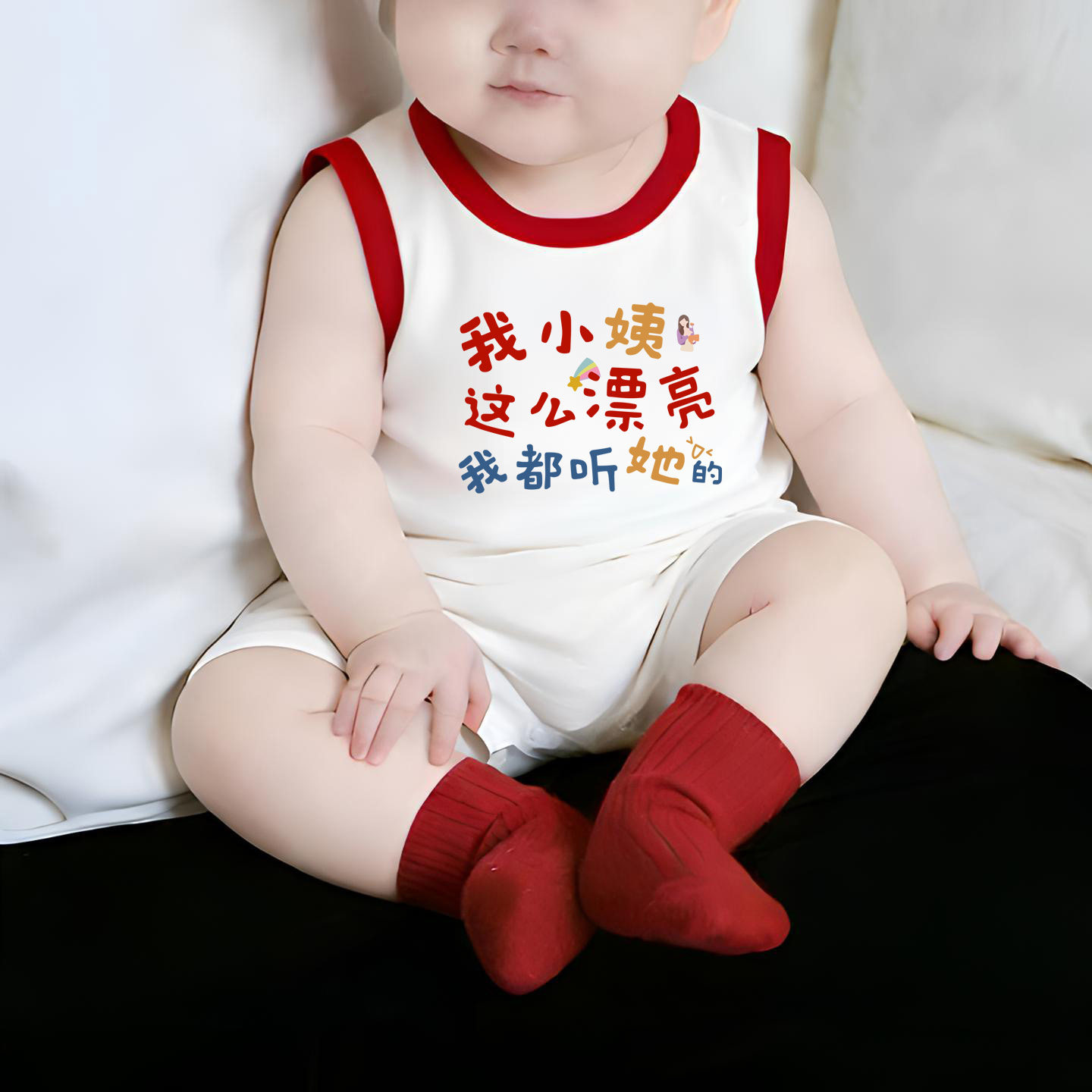 小姨漂亮都听她的~夏季纯棉背心无袖女宝宝爬服婴儿新生儿连体衣
