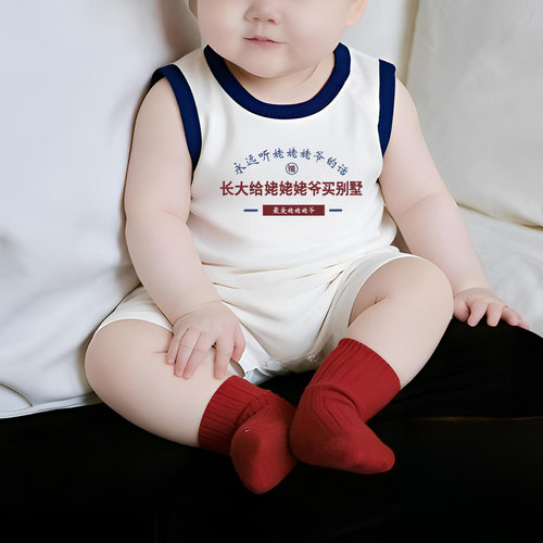 长大给姥姥姥爷买别墅~夏季婴儿连体衣休闲无袖透气哈衣宝宝爬服