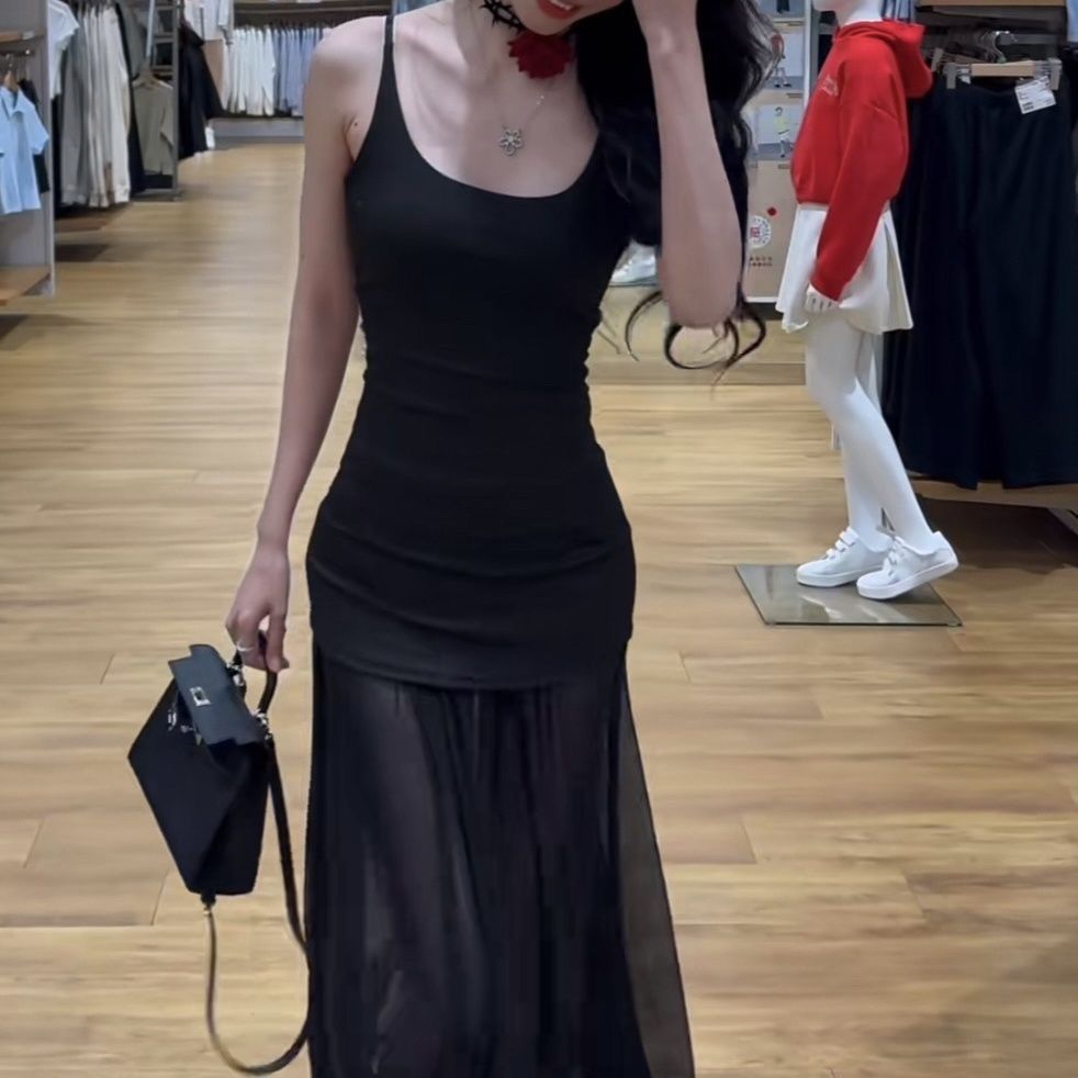 2025夏设计感网纱拼接吊带白色连衣裙女气质收腰显瘦假两件长裙子，商品下架区商品下架区，米鹿服饰