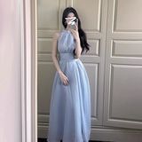 无袖挂脖连衣裙子女春季2025新款海边度假设计感气质法式收腰长裙，商品下架区，米鹿服饰