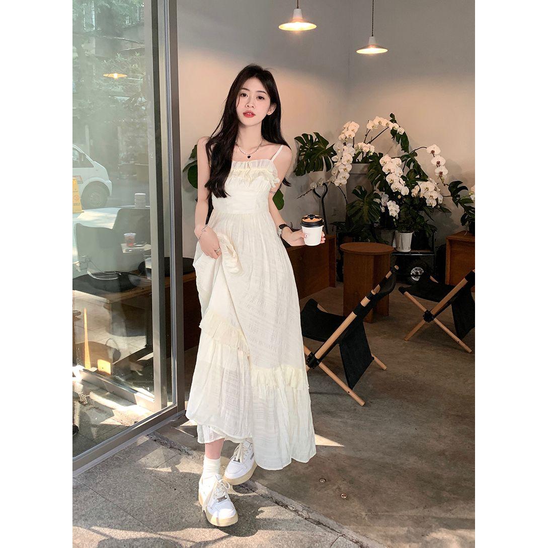 【52人棉有内里】木耳边吊带裙甜美法式收腰显瘦设计感超仙长裙，商品下架区商品下架区，米鹿服饰