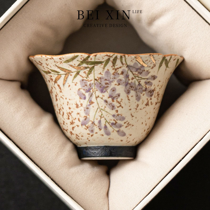 Beixin.SL.PD 青花火石红茶杯主人杯手绘描金紫藤花品茗杯大容量