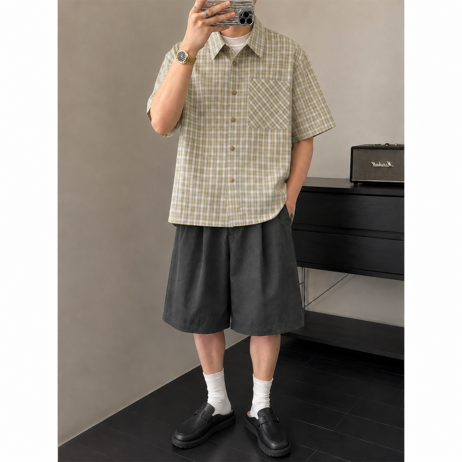 通勤复古格纹短袖衬衫男夏宽松休闲翻领半袖衬衣日系百搭薄款上衣