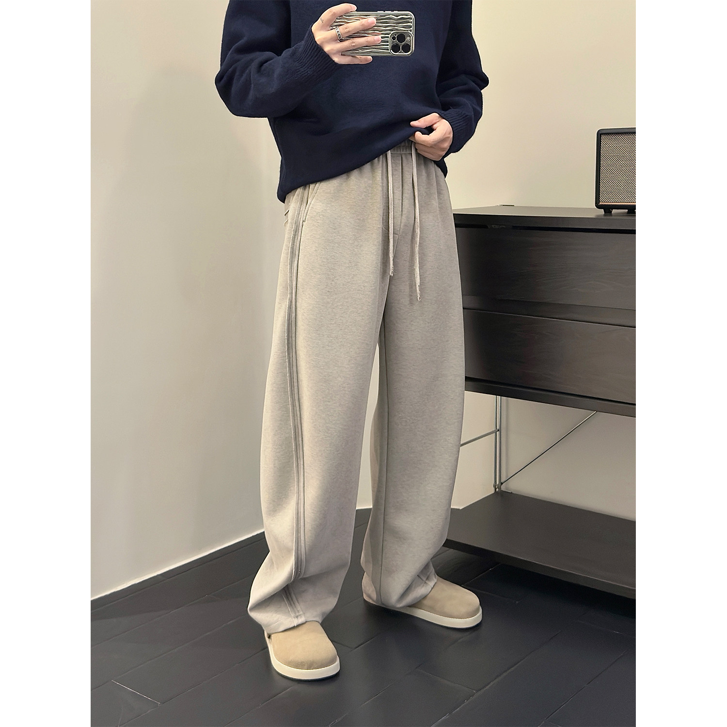 直筒宽松休闲结构卫裤男士秋冬