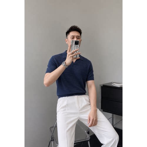 轻熟风男士肌理感针织Polo衫藏青