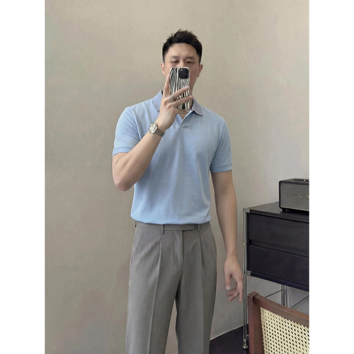 轻熟风高支珠地棉无领Polo衫男士