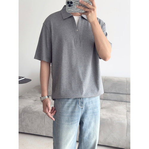 假两件坑条Polo衫男士V领开口