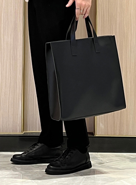 里奈男装 黑色托特包男简约通勤单肩方形斜挎包大容量公文包