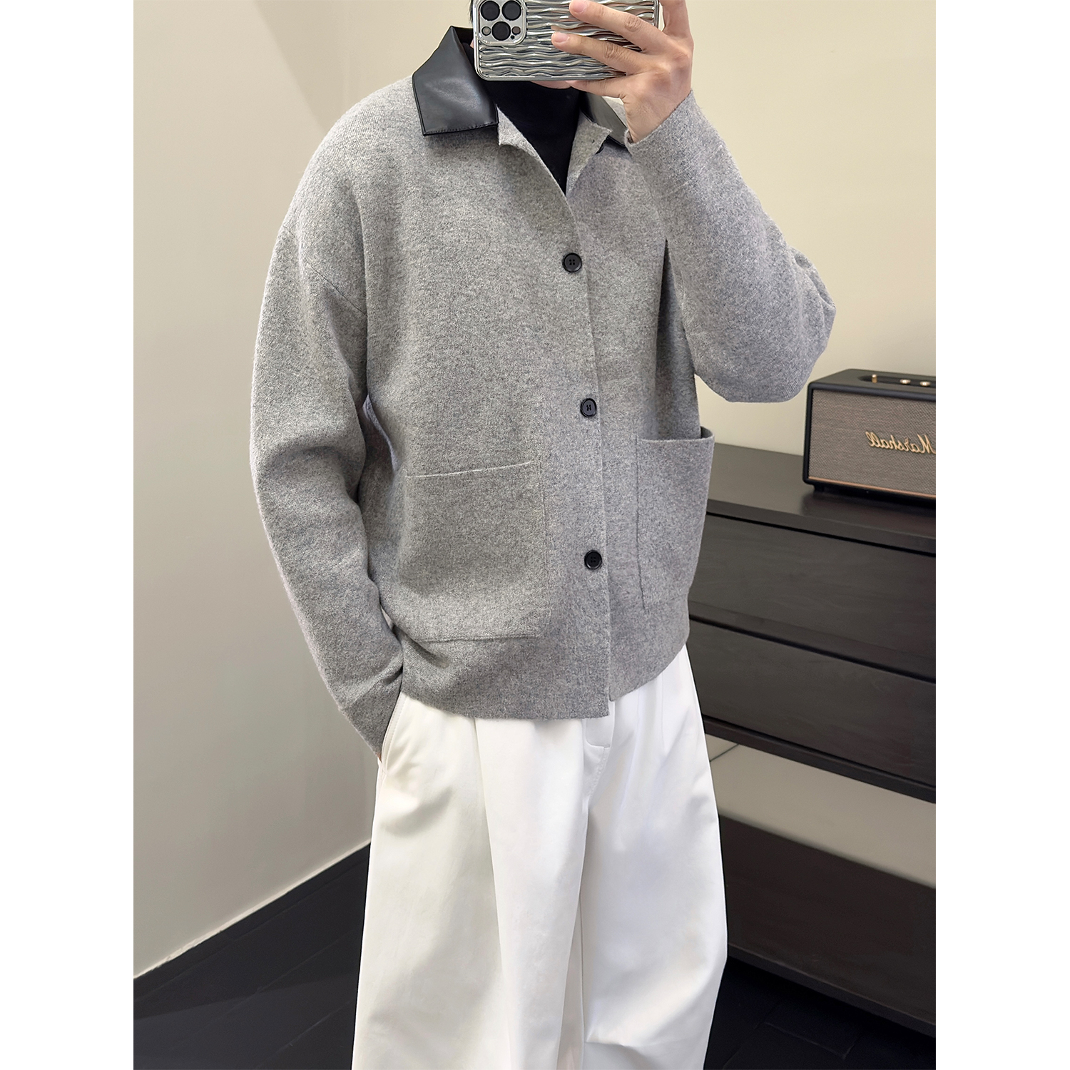 老钱风轻奢翻领拼皮男士