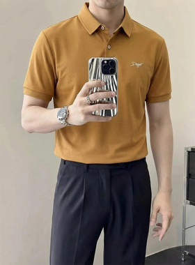 里奈男装焦糖色Polo衫男士2025夏季新款轻奢刺绣翻领通勤透气上衣